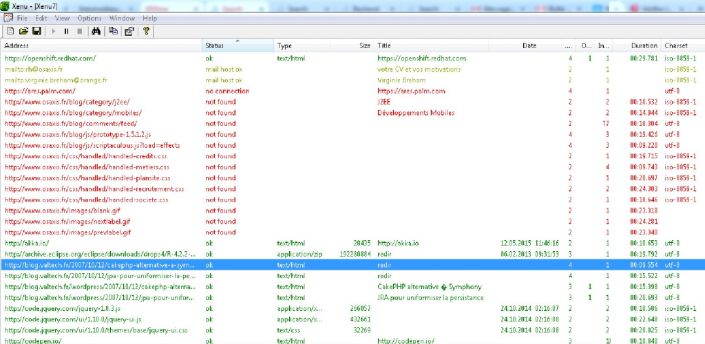 Figure 12 : Xenu nous remonte la liste des liens cassé qui apparaissent ici en rouge