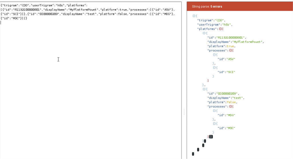 Figure 3 : JsonParser indente et colorie le JSON en entrée. Ici le JSON est mal formé, il manque une accolade