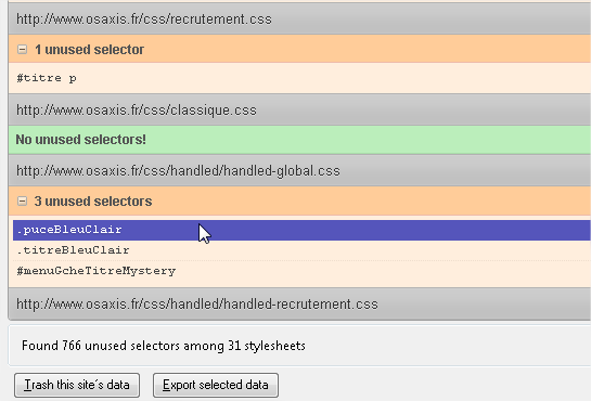 Figure 4 : liste des classes CSS inutilisées, classées par fichier de Dust me Selector