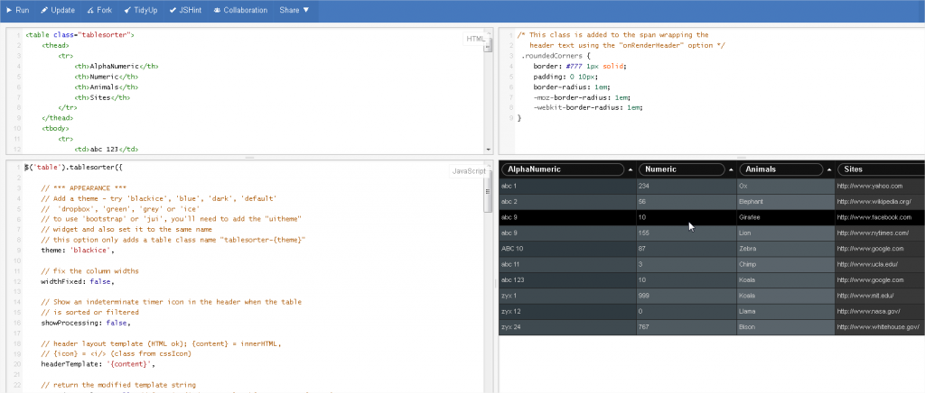 Figure 7 : JSFIDDLE se décompose en quatre cadrans : HTML, CSS, JavaScript et rendu